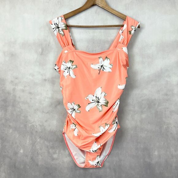 Summer Coral Floral Orchid‎ Swimsuit Womens XLarge Full Coverage Ruched Beachy - Picture 1 of 10